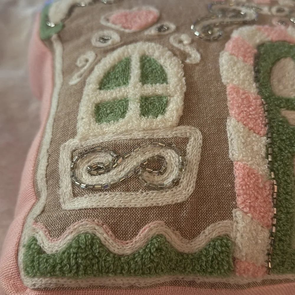 Warm wishes pastel pink gingerbread house pillow